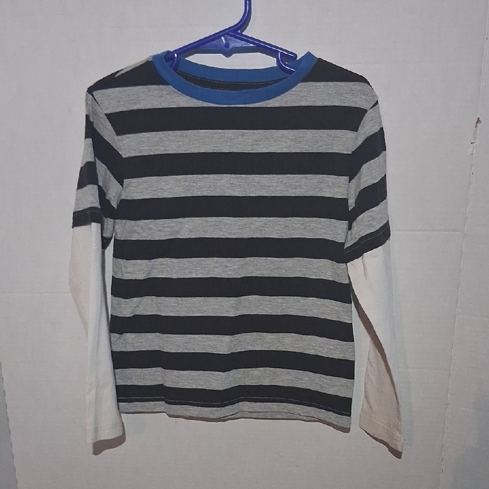 Basic Editions Blue, Black, and Gray Striped Long Sleeve Tee